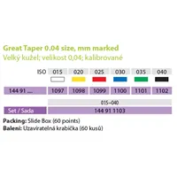 Čepy gutta percha kužel 0.04 020; kalibrované